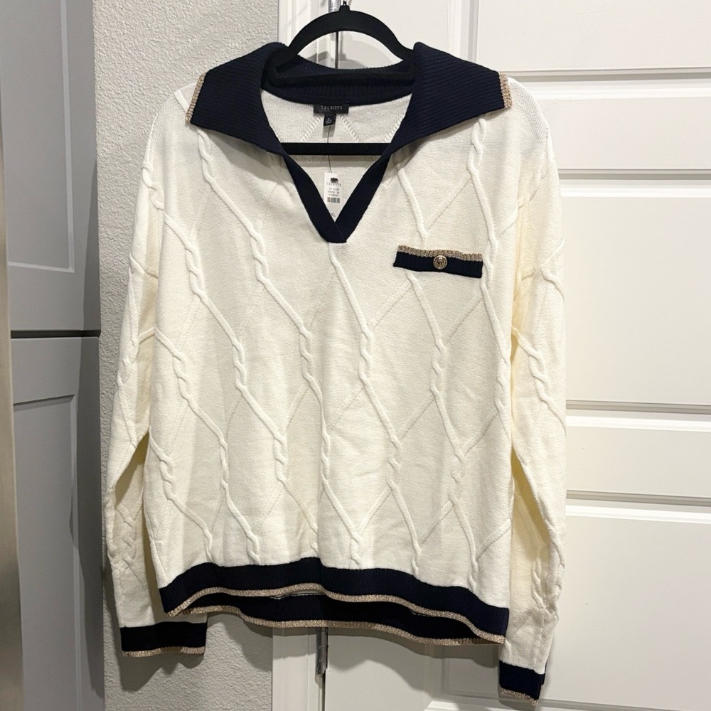 NWT Talbots Laticce Cable Johnny Collar Sweater-Tipped
Women's Cream/gold XL - Picture 2 of 5